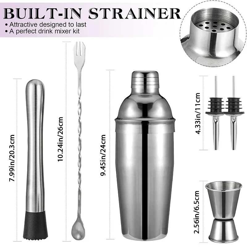 Cocktail Shaker Set 6pcs Mixology Bartender Kit Shakers Bartending Mixing Spoon Tools Set with Built-in Bartender Strainer