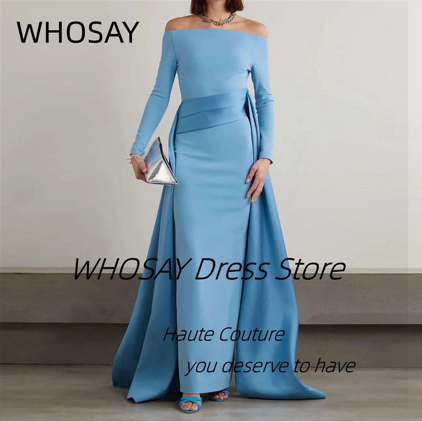 WHOSAY Elegant Women Wear Bateau Neck Evening Dresses Long Sleeves Flutters Train Prom Dress Zipper Back Formal Party Gowns