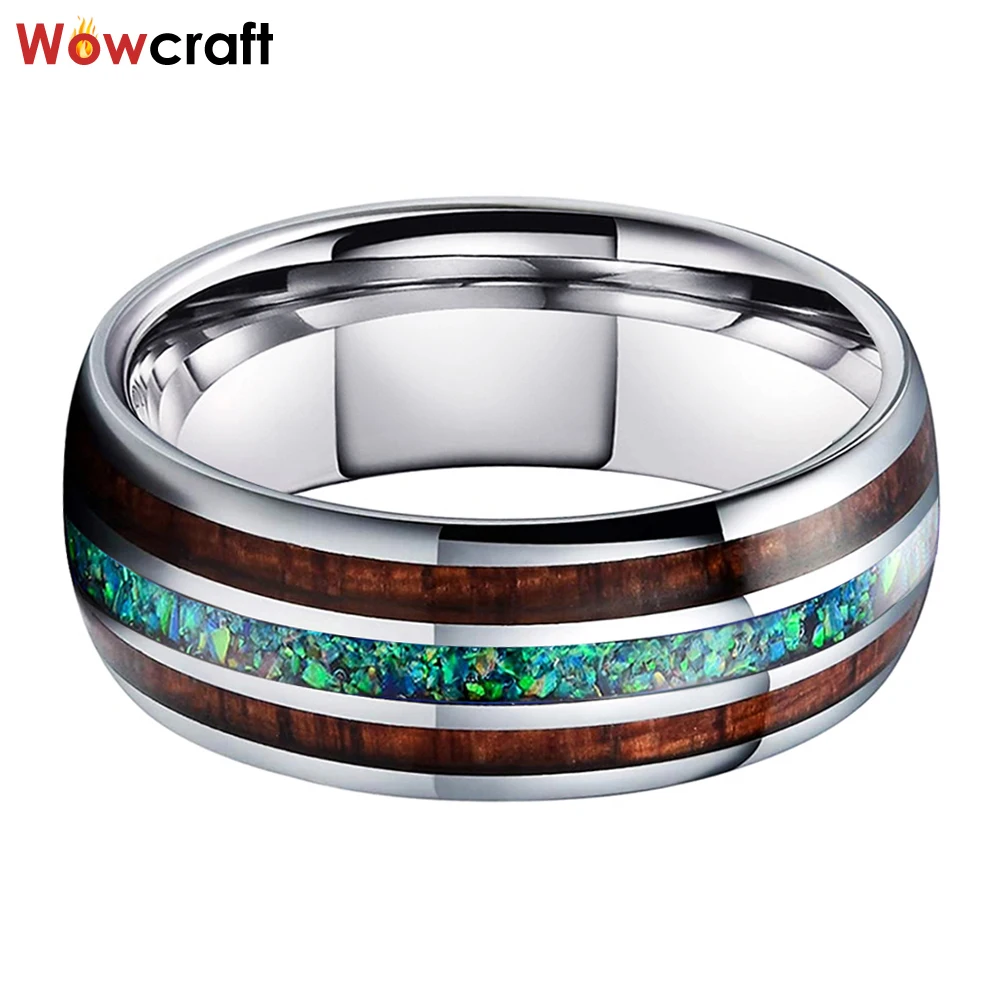 Green Opal Wood Inlay Tungsten Wedding Band Men's Women's Engagement Promise Ring Domed Polished Shiny Comfort Fit