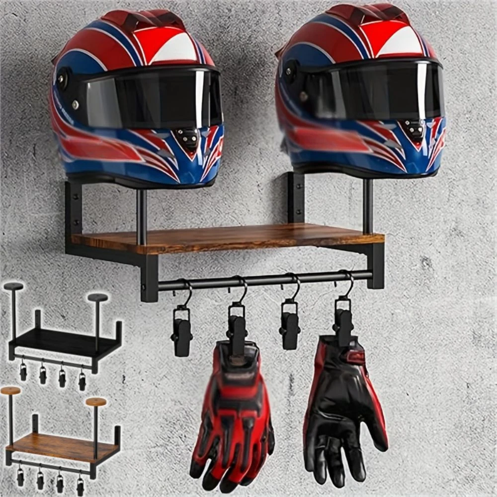 

Wall Mount Motorcycle Helmet Rack With Hooks Wooden Shelf Helmet Display Stand Sturdy Retro Cycling Equipment Holder