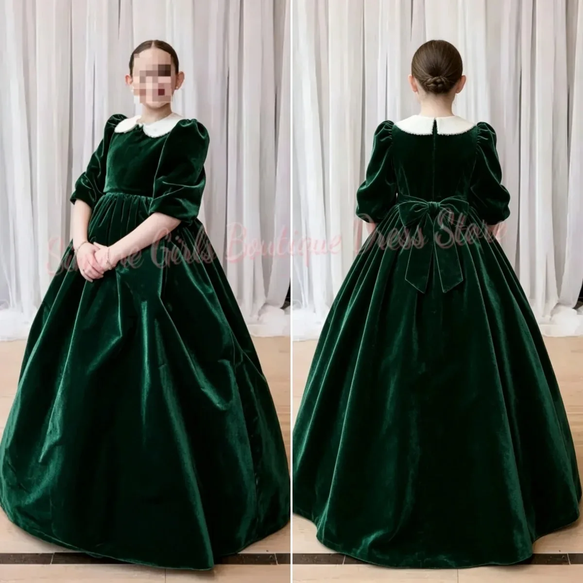 Maßgeschneidertes Großhandels-Mädchenkleid aus Samt, Blumenmädchenkleid für Hochzeiten, Kinderkleid mit hoher Taille und Ballonärmeln, Kommunion- und Festkleid – Detail 1