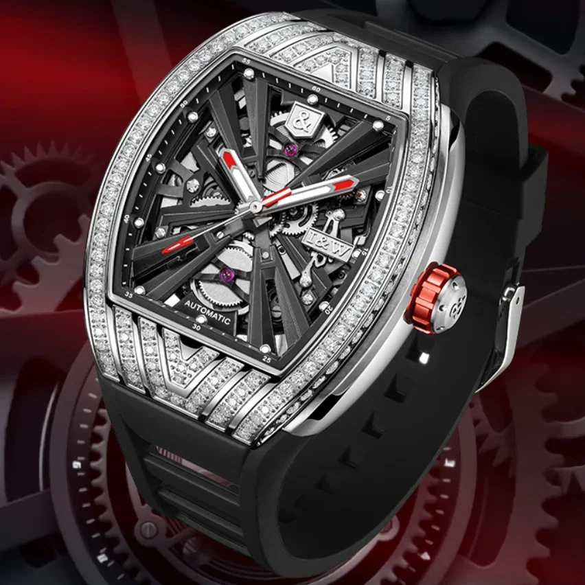 I&W Мужские автоматические часы Роскошный корпус Tonneau 43 мм Механические наручные часы 50 м Водонепроницаемые светящиеся циферблаты со скелетонизированным цирконом I&W Мужские автоматические часы Роскошный корпус Tonneau 43 мм Механические наручные часы 50 м Водонепроницаемые светящиеся циферблаты со скелетонизированным цирконом