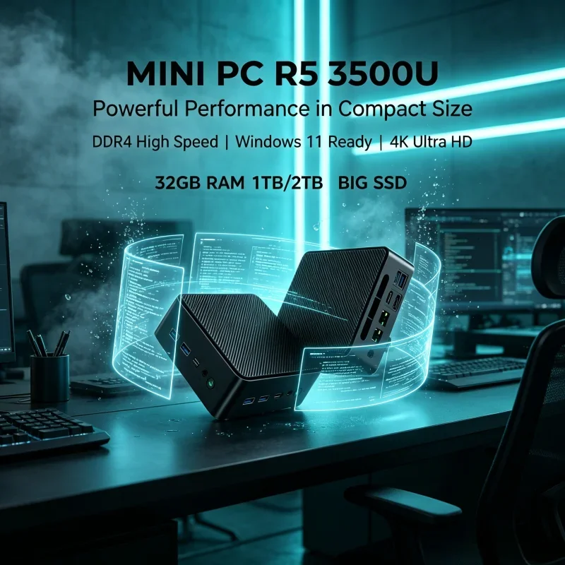 Upgraded Version LENO Mini PC AMD Ryzen 5 3500U 32GB DDR4 RAM 2TB M.2 SSD Win11 Dual 4K HDMI DP Small Home Office Host