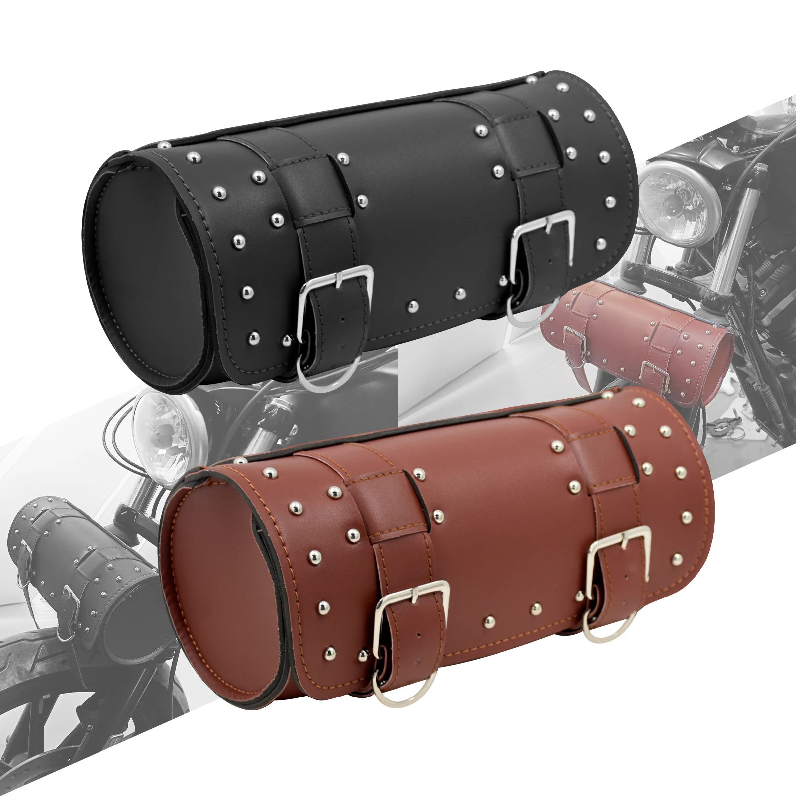 

Motorcycle Black/Brown Handlebar Sissy Bar Bag Saddlebag Fork Roll Barrel Bag w/ Nails For Harley For Breakout For CVO