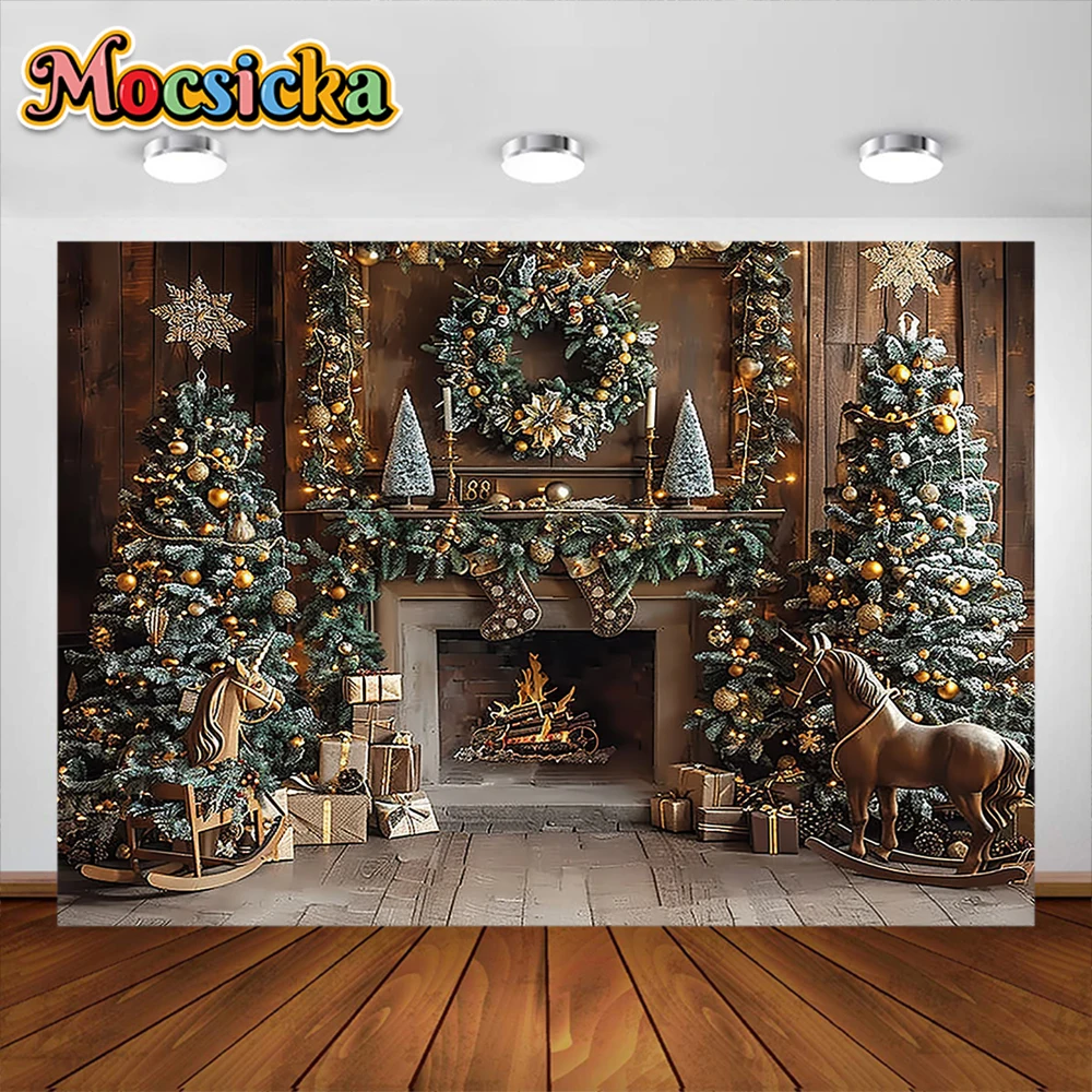 Christmas Fireplace Photography Background XMAS Tree Toy Rocking Horse Party Decoration Boy Girl photo Backdrop For Studio