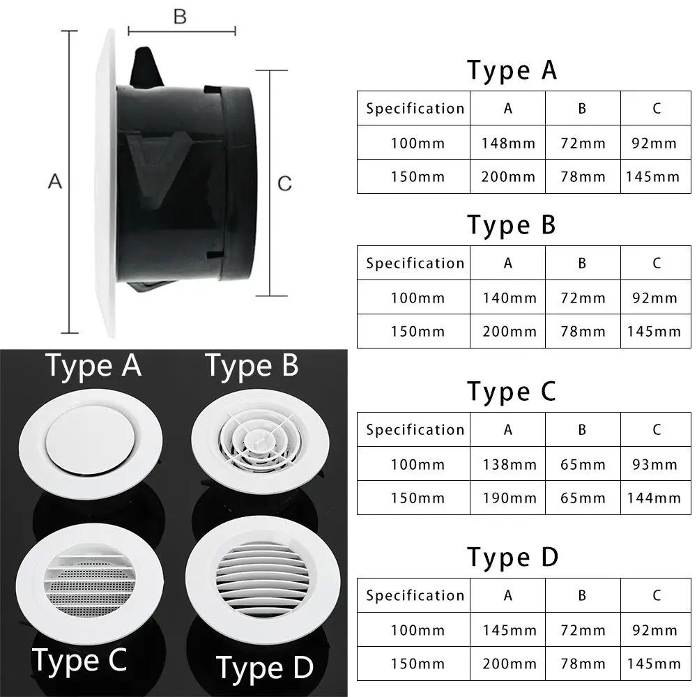 Various Shapes Air Vent Extract Valve Grille Air Circulation Vents Cover 100/150mm Round Ducting Ventilation Cover