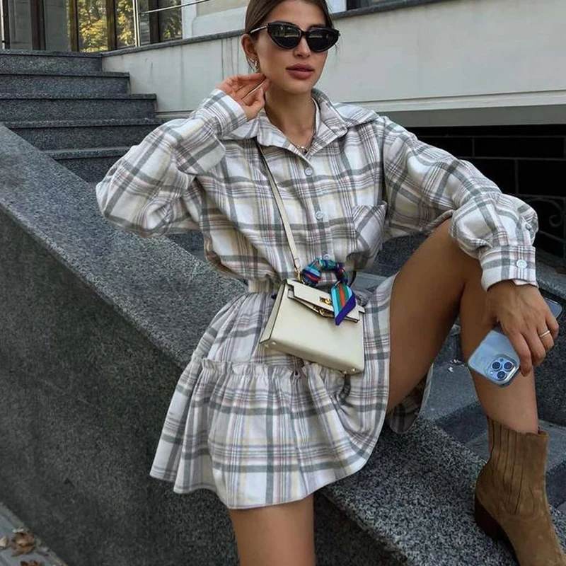 Tornova Plaid Shirt Skirt Two Piece Set Female Lapel Long Sleeve Top Ruffled Mini Dress New Casual Commuter Suit Lady Elegant