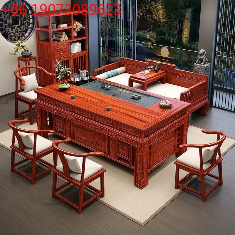 

rosewood solid wood tea table and chair Arhat bed combination engraved classical office tea table high-end home coffee table