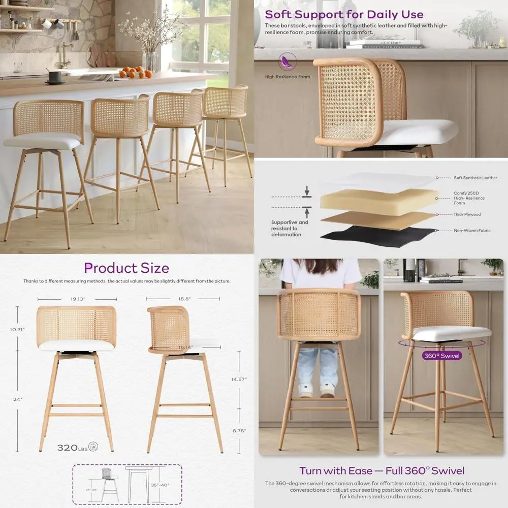 

Mid-Century Style Rattan Bar Stools Set, 4 Pieces, 26" Counter Height with Natural Woven Backrest and Faux Leather Cushion