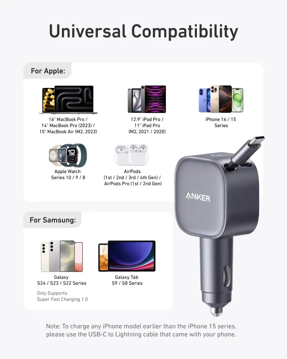 Anker A2738 Nano 75W USB-C Car Charger Built-in Retractable Type-C Cable Fast Car Adapter for iPhone Samsung MacBook