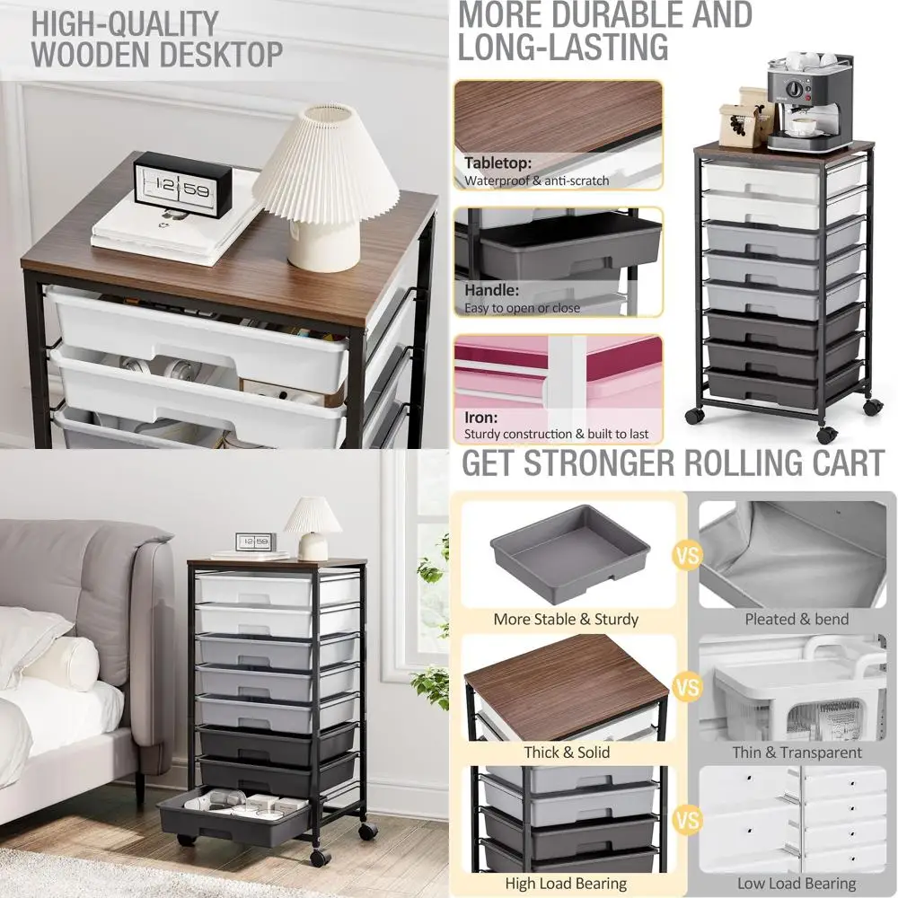 عربة تخزين دوارة ذات 8 أدراج باللون الرمادي مع سطح خشبي - مثالية للمعلمين والمكاتب وغرف الحرف اليدوية #1