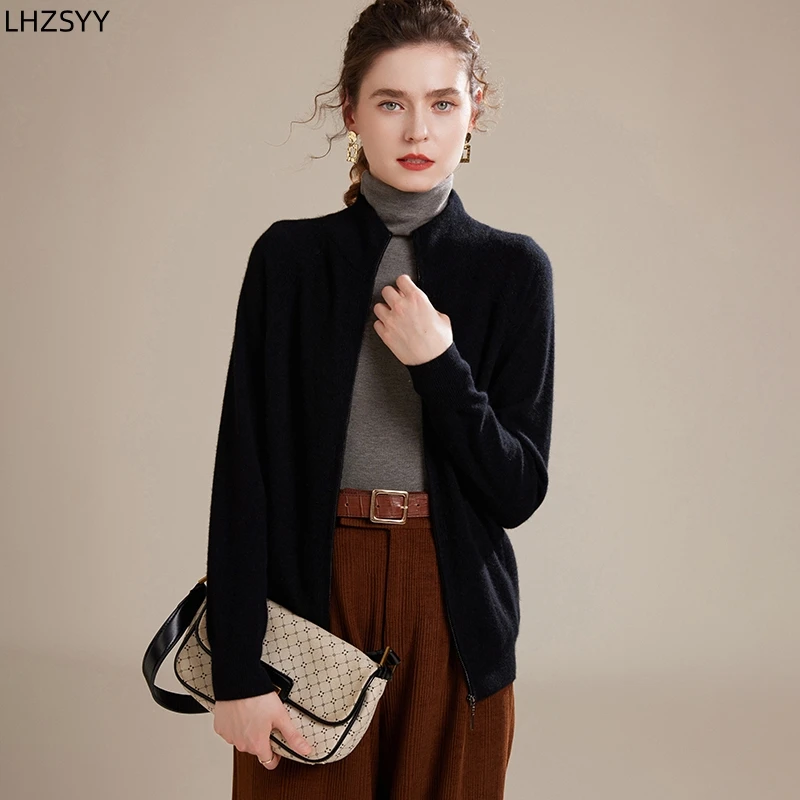 LHZSYY Ladies 100%Pure Goat Cashmere Zipper Cardigan Autumn Winter New High-End Jacket Sweater Casual Joker Thick Cashmere Coats