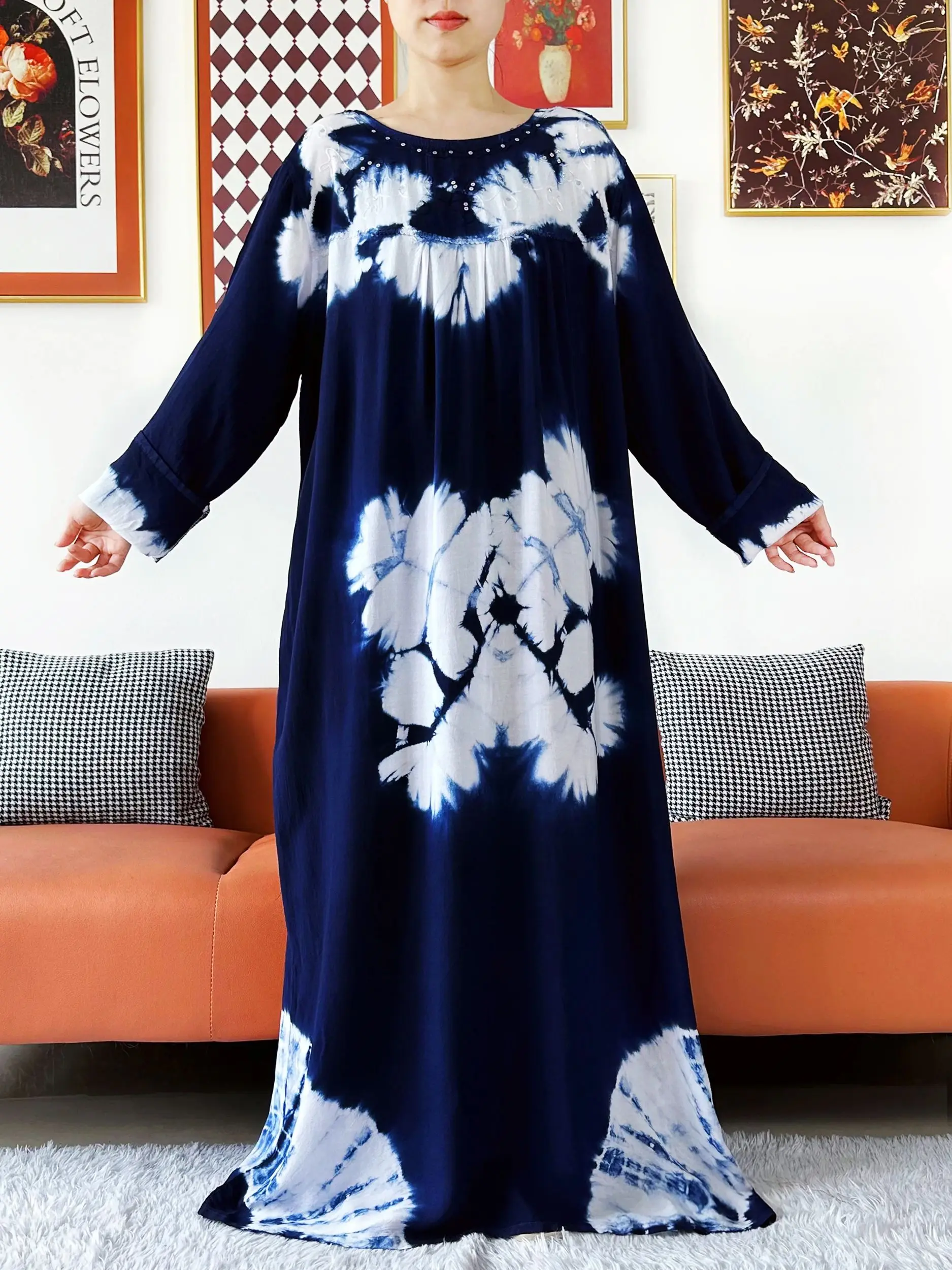 Long Sleeve Dress Tie-dry Printed Cotton Women Boho Maxi Dress Casual Holiday Fashion Party Dresses Indie Folk African Vestidos