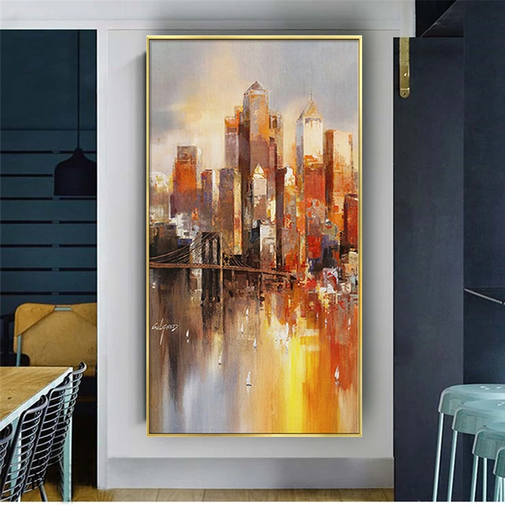 

High Quality Handmade Orange City View Abstract Oil Painting Wall Art Picture Canvas Paintings Decor Living Room Modern Cuadros