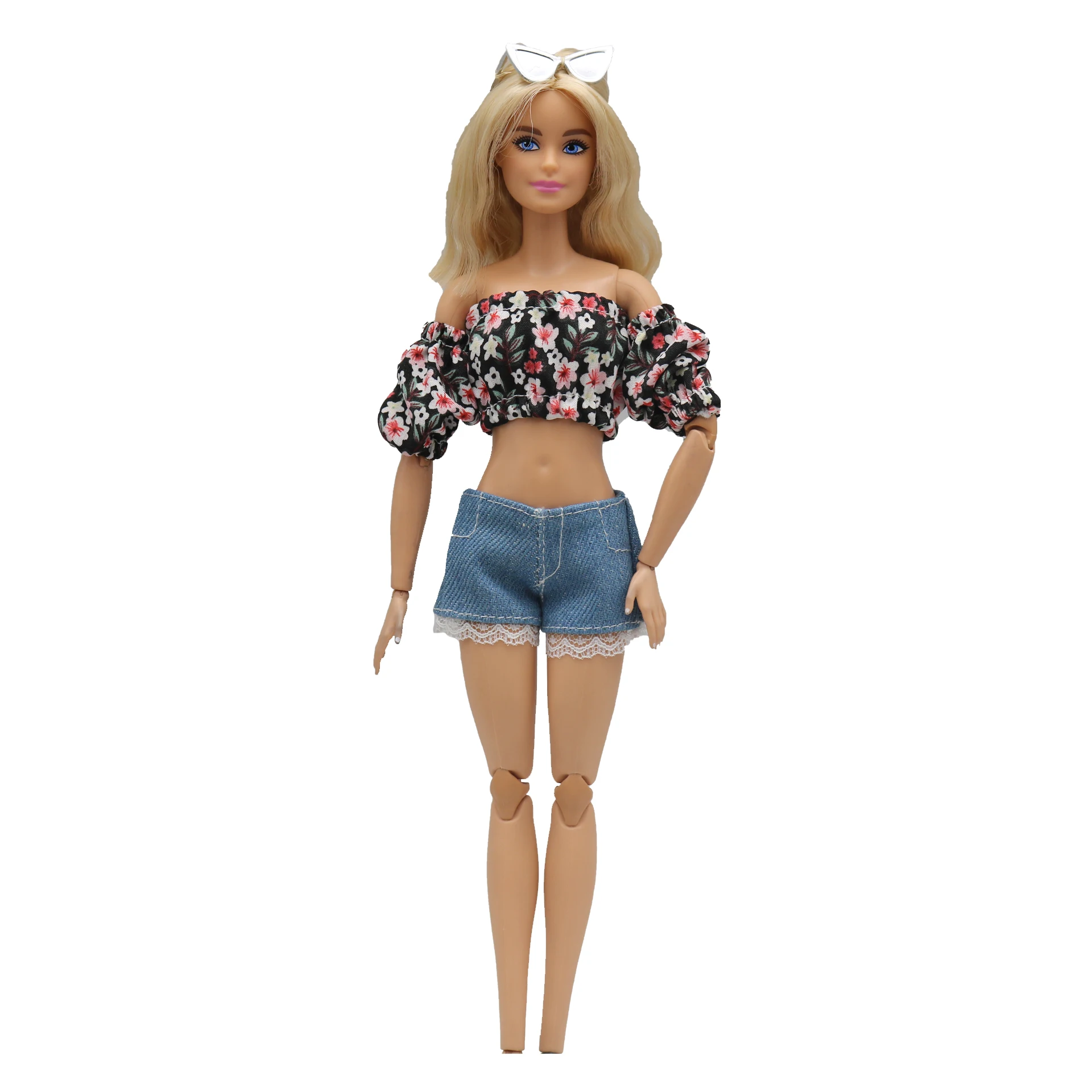 New 30cm 1/6  simple flower puff sleeves Lace Denim shorts Daily Wear Accessories Clothes for Barbies doll