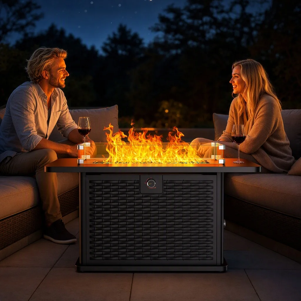 43-Inch Rectangular Propane Fire Pit with 60,000 BTU Output, Fire Pit Table Premium Gas for Outside Patio with 304 Stainless Steel H-Burner, Glass Stones, and Wind Guard