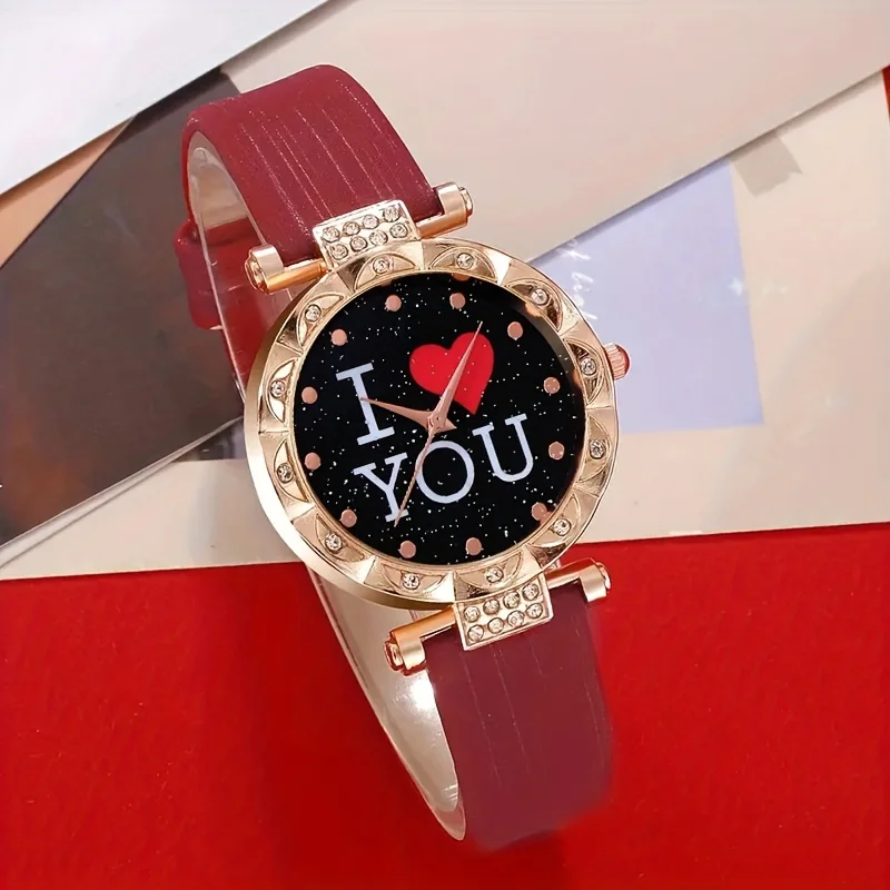 5pcs/set Women\'s Watch I Love You Heart Quartz Watch Luxury Rhinestone Analog Wrist Watch & Jewelry Set, Valentines Gift For Her