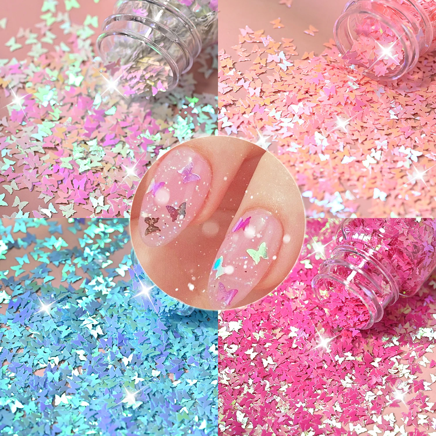 

4Jars Holographic Butterfly Nail Flakes Pink Blue Aurora Iridescent Butterfly Nail Sequins For Expoxy Resin Manicure NailGlitter