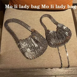 Bling Shiny Metal Sequined Woven Handmade Hobo Bag Women's Handbag Lady Purse Female Mobile Phone Bag Shoulder Crossbody Bag