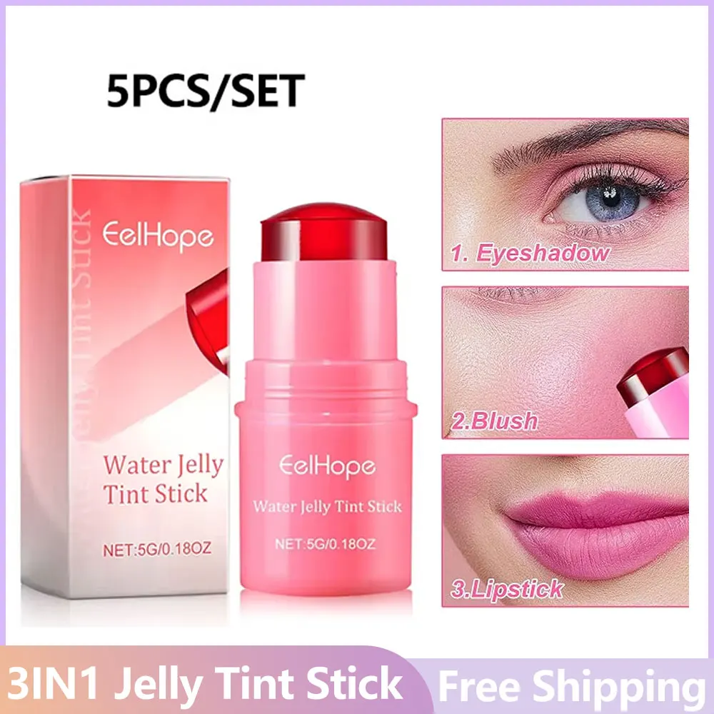 5pcs/set Water Jelly Tint Blush Stick Waterproof Longlasting No Creasing Moisturizing Clear Glossy Lip Gloss 3in1 Blush Stick