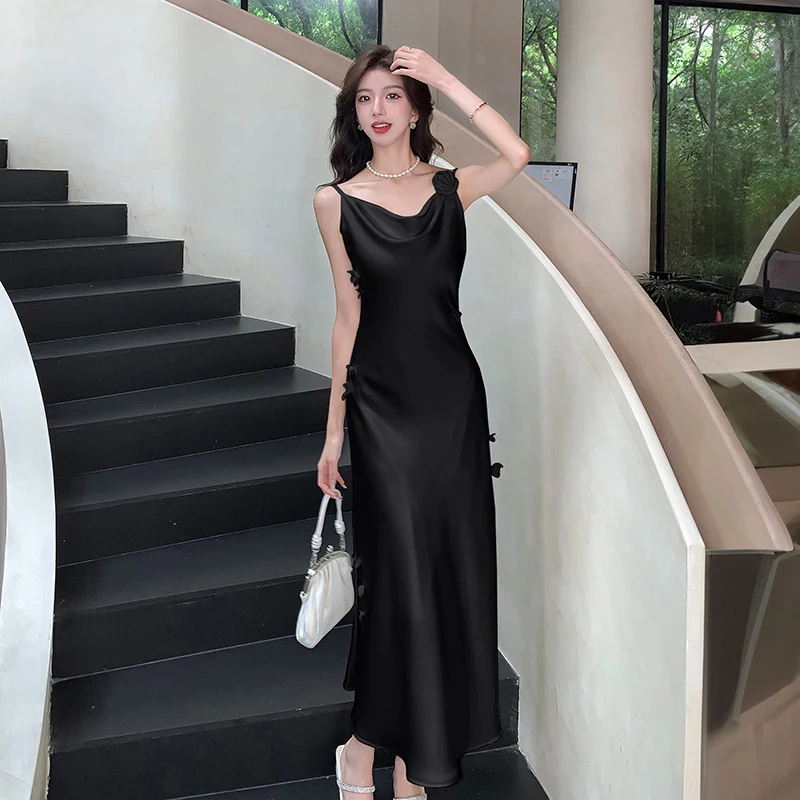 새틴 입체 꽃 스트랩 원피스 여성, 여름 엉덩이 포장, 인어 원피스 패션, 스위트 핫 걸