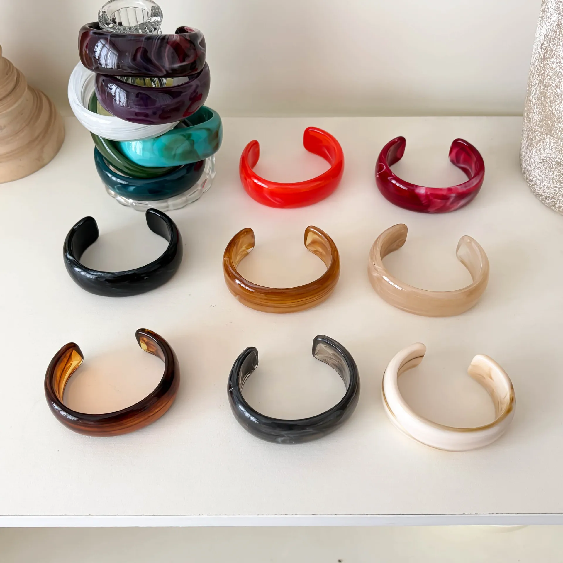 Vintage Resin C Shape Open Bangle Women Marble Swirl Wide Band Bracelet European American Fashion Jewelry