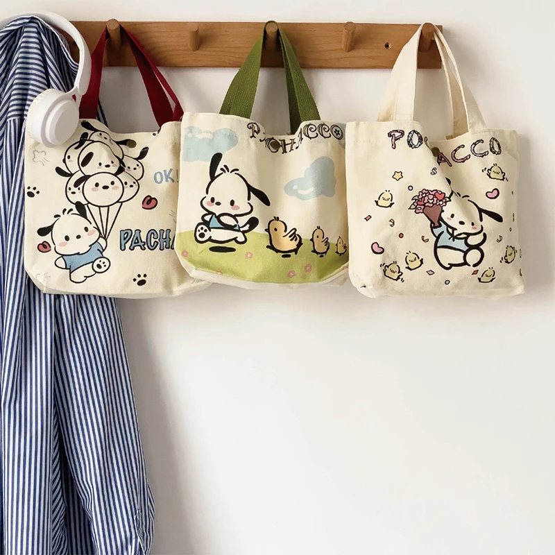 Sanrio Cartoon Canvas Bag Pochacco Kuromi Portable Handbag Kawaii Melody Large Capacity Women Shopping Bags Storage Bag