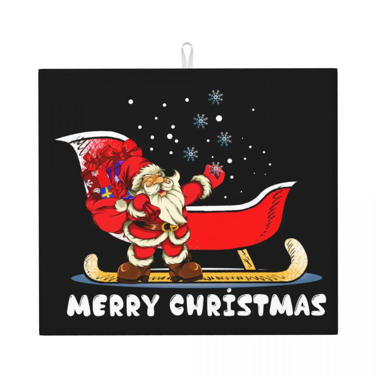 Microfiber Santa Claus Snowboarding Dish Drying Mat for Kitchen Dry Merry Christmas Jingle Bells Drainer Pads for Countertop