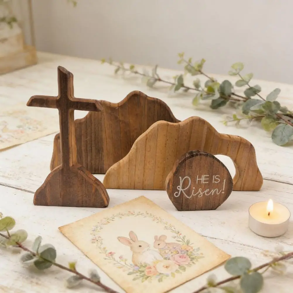 Easter Nativity Scene Wooden Nativity Ornament Empty Tomb Easter Scene Decor Wooden Resurrection Tray Set Jesus Tomb Nativity
