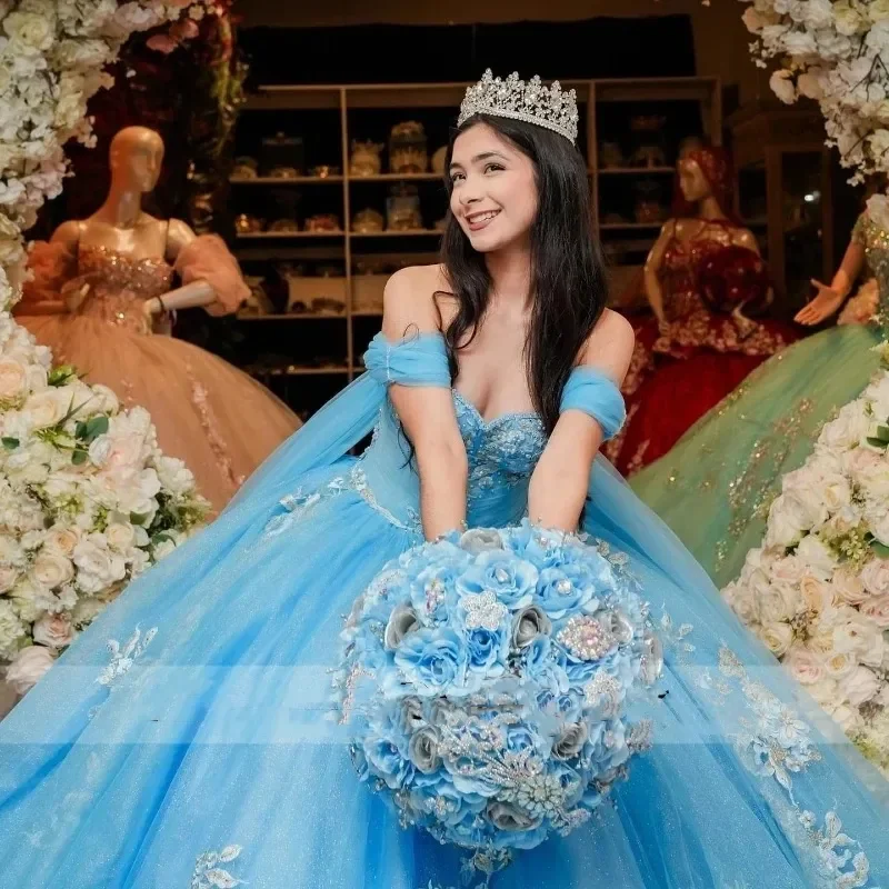 ANGELSBRIDEP-Vestidos princesa Quinceanera azul-céu, vestido de baile, apliques florais, pérolas de cristais, vestido de festa, 2021