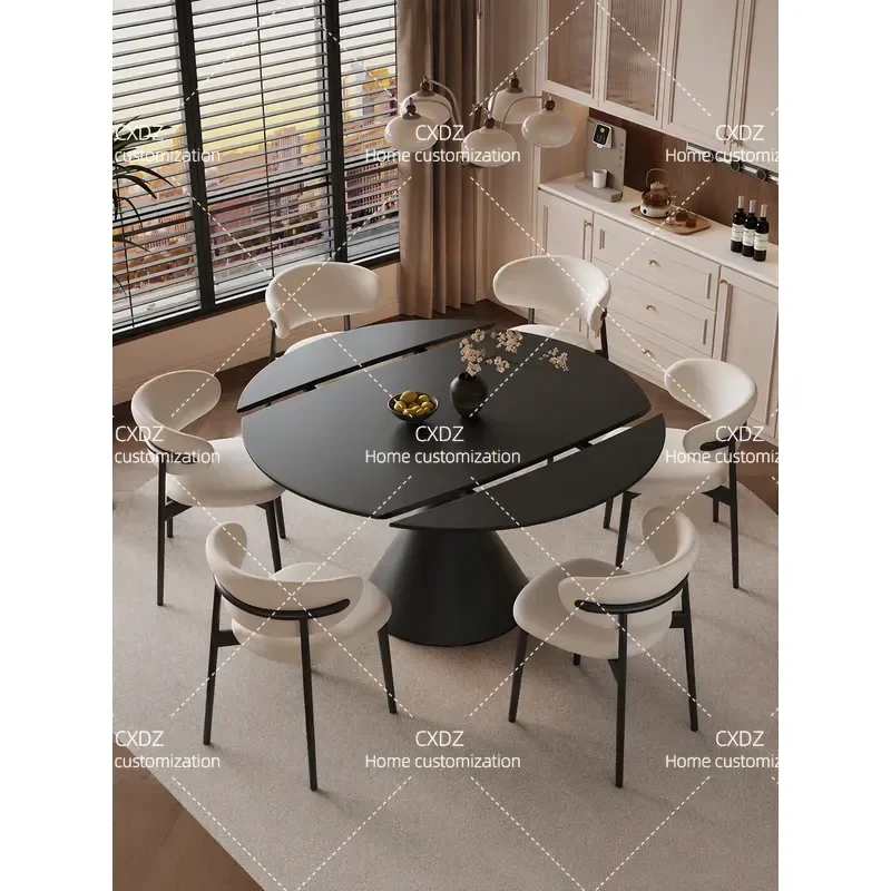 Black Rock Slab Dining Table Modern Simple Variable Round Square Dual Purpose Pull Out Retractable Extendable Table for Small