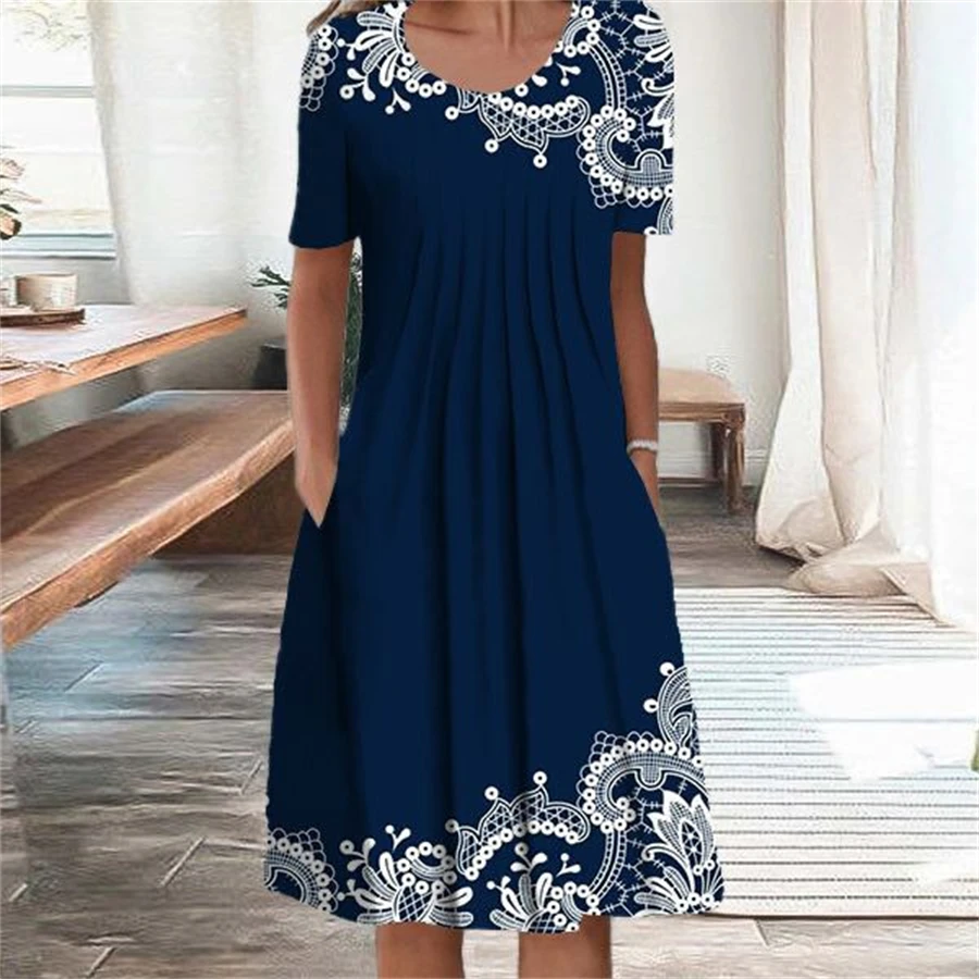 Temperament Dress Women Casual Elegant Dress Women Short Sleeves Loose Dresses Weekend Holiday