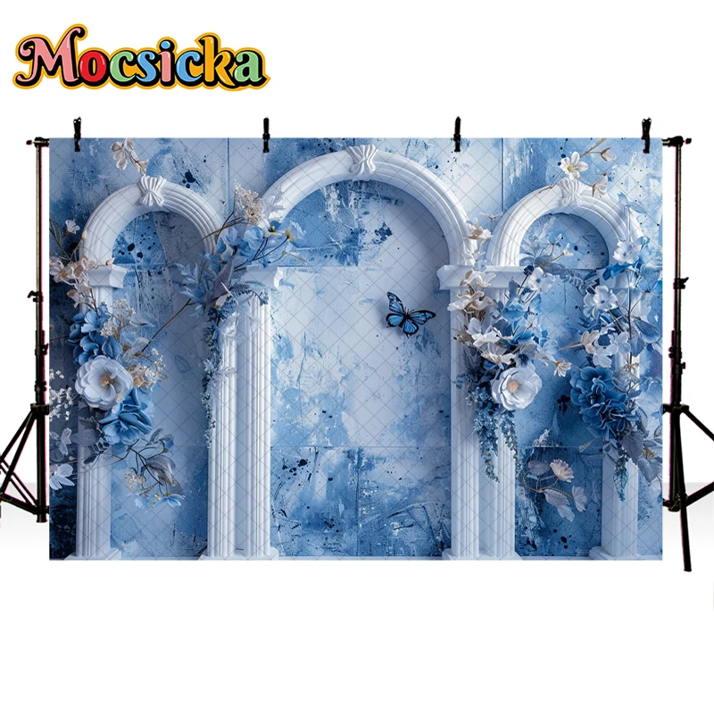 Mocsicka Photography Background Blue Butterfly Floral Arch Decor Birthday Wedding Cake Smash Kids Portrait Backdrop Photo Studio