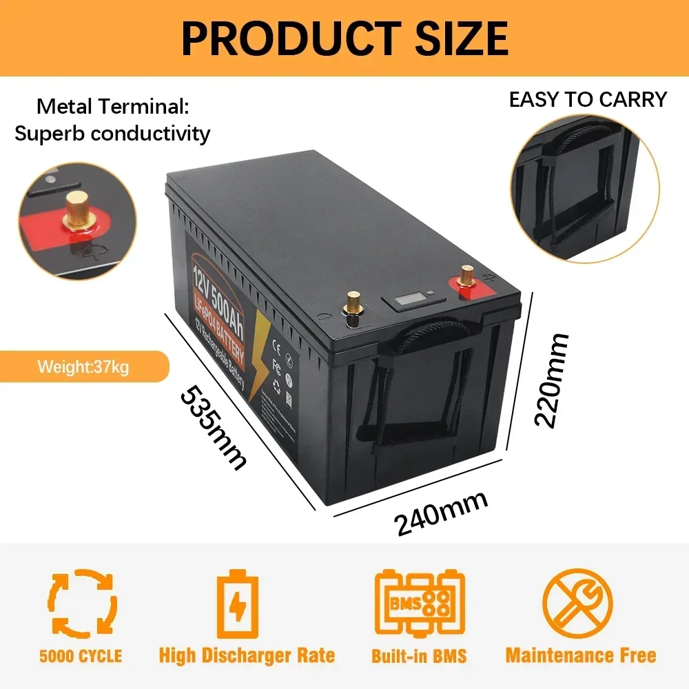 12V 500Ah LiFePO4 Lithium Iron Phosphate Battery Built-in BMS 5000 Cycles Life For RV Campers Golf Cart Solar Tax Free + Charger