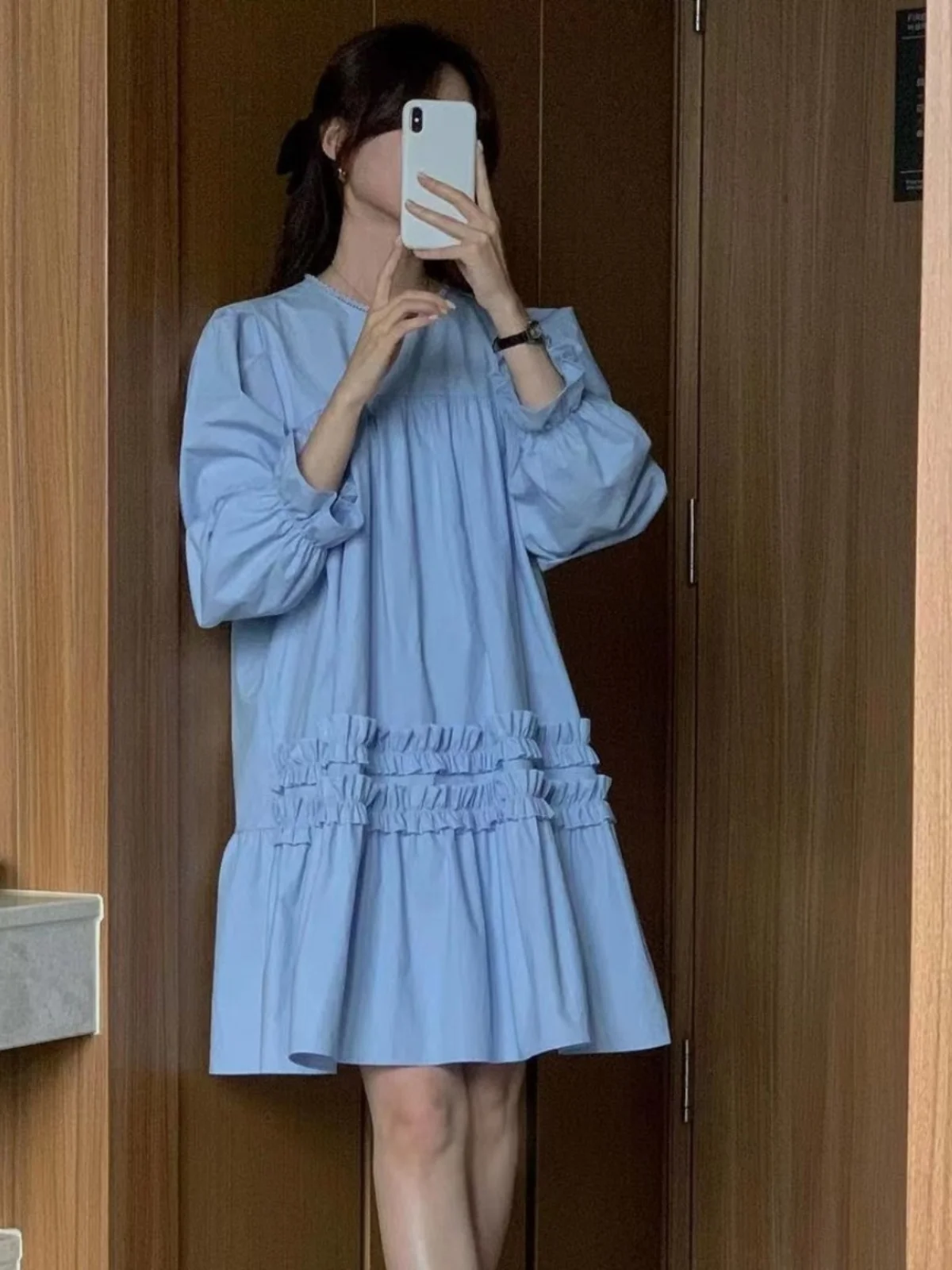 تنورة فضفاضة من Bubble Sve Round Ne Doll Dr للسيدات الكورية Sle Sweet Young Blue Gored تنورة ربيعية عالية الخصر متوسطة...