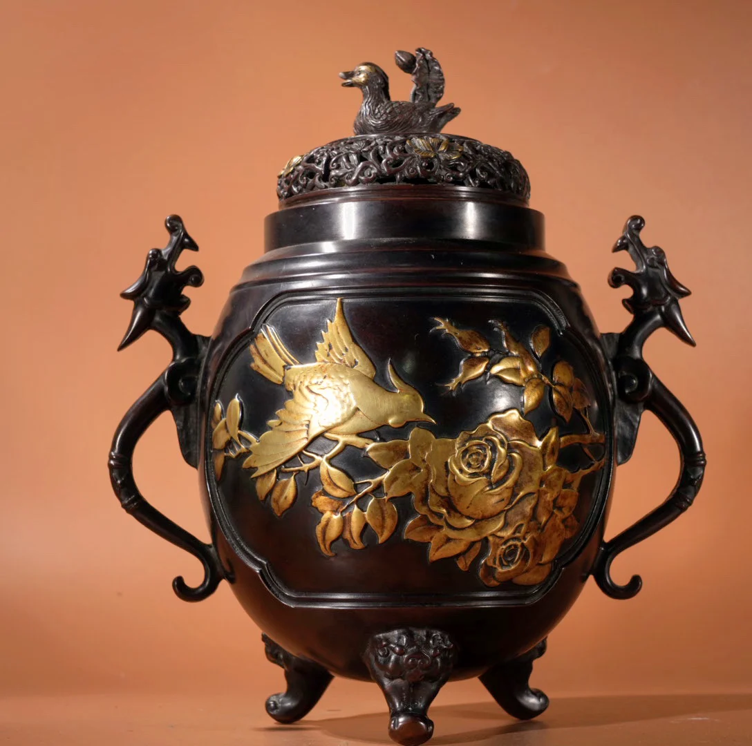 Old Purple Bronze Gilded Magpie and Plum Blossom Pattern Dragon Ear Three Legged Incense Burner Amass wealth Ornaments