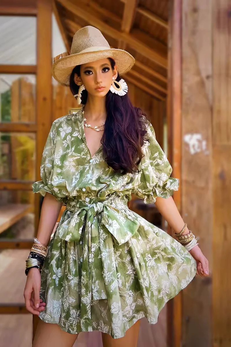 Summer Print Dress Chiffon Dress Lantern Sleeve Women's Dress Beach Style Knee-Length Skirt Y2K 2025 New DABUWAWA DM2BDR016
