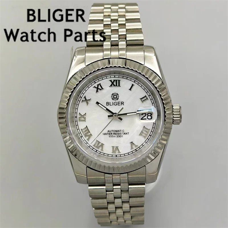 BLIGER 36mm/39mm White Pearl Sunburst Pink Blue Brown With Roman Index AR Coated sapphire glass NH35 Movement steel bracelet