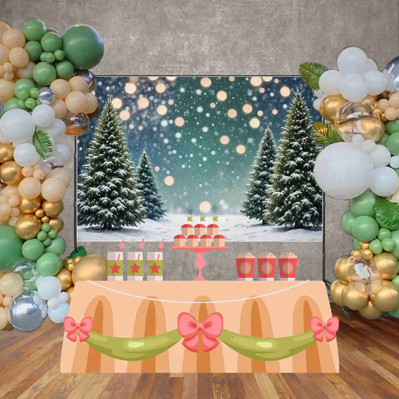MOON.QG Snow Winter Green Backgrounds Pine Trees Field Outdoor Christmas Children Backdrops Custom Party Decor Photography Props