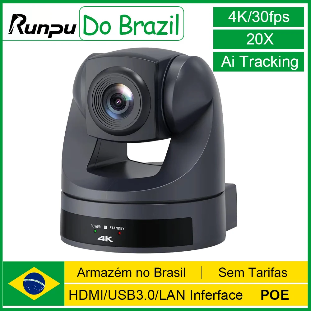 Câmera PTZ NDI Runpu 4K30fps com Zoom Óptico de 20X e Rastreamento por IA, Sistema de Transmissão ao Vivo e Videoconferência HDMI LAN POE