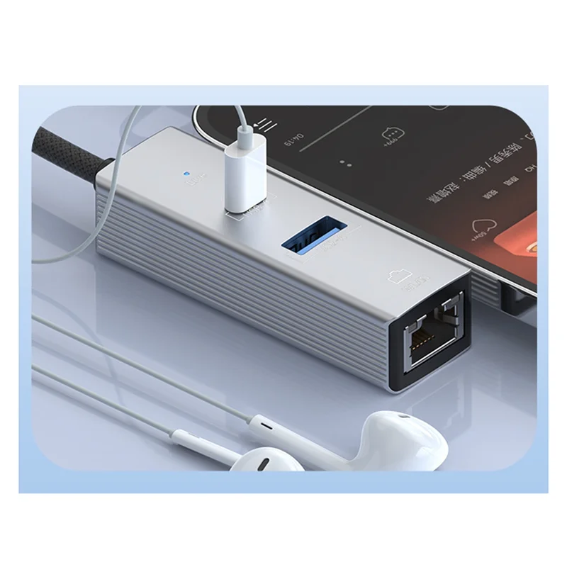 ABJF-Converter 3In1 Withled Light USB-A ملحقات المكتب للهاتف المحمول والكمبيوتر اللوحي والكمبيوتر المحمول باللون الأسود