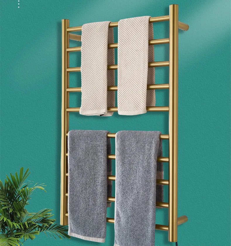 

Towel Warmer Wall Mount Electric Plug-in Hardwired Heated Towel Rack Brushed Gold