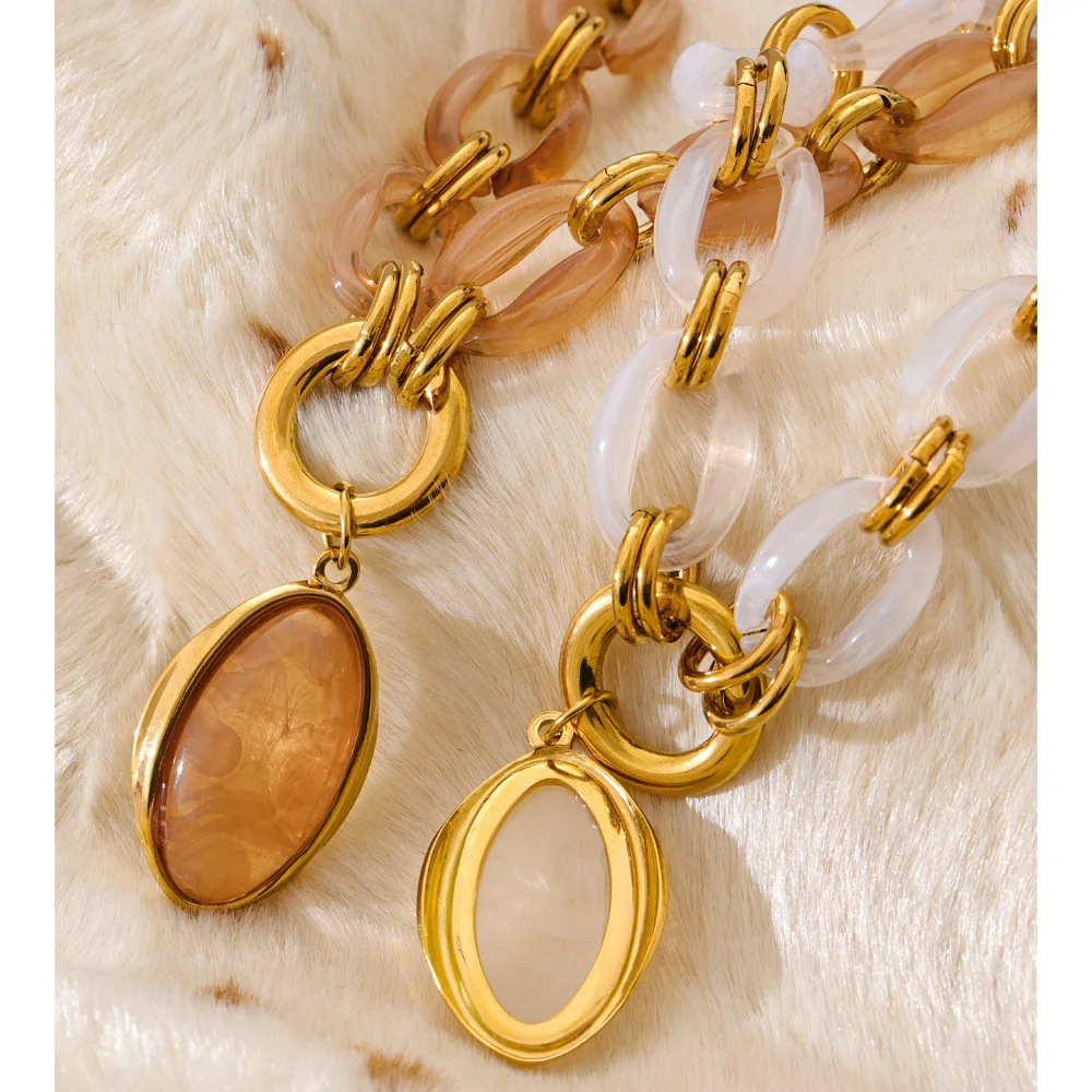 Yhpup Resin Acrylic Handmade Chain Oval Pendant Fashion Statement Necklace 18K Golden PVD Plated Trendy Waterproof Jewelry Gift