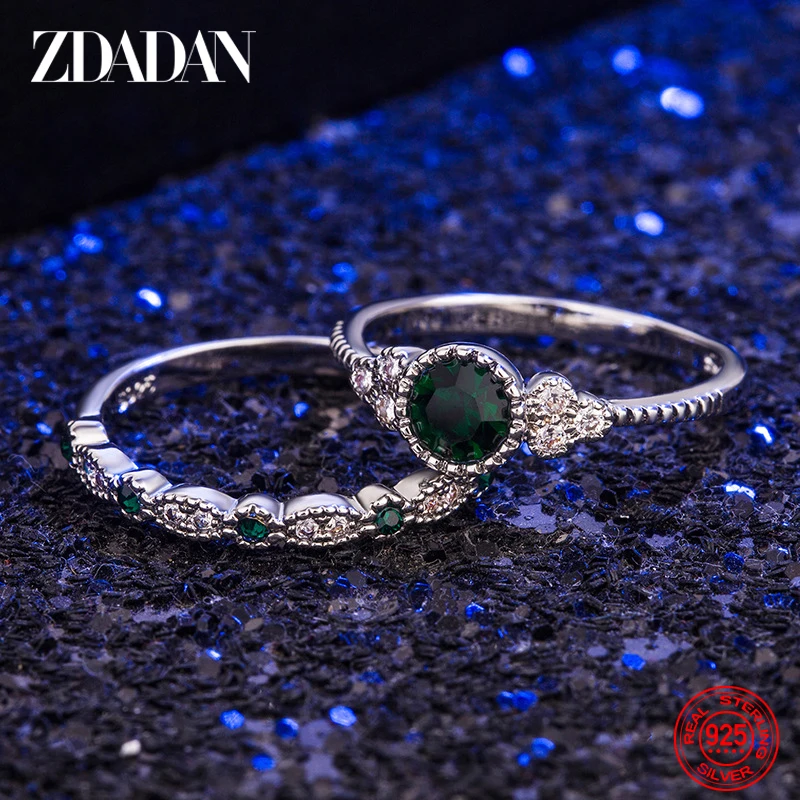 ZDADAN 925 Silver 2pcs Emerald Zircon Rings For Women Fashion Wedding Jewelry