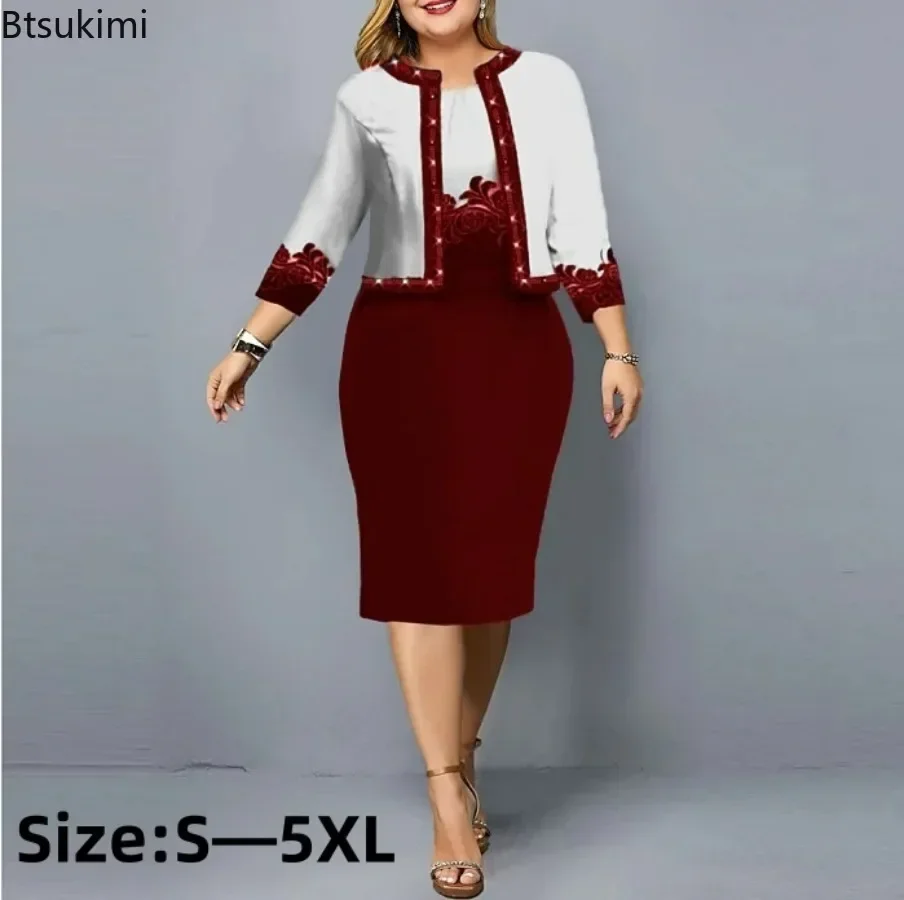 2025 Set di abiti da donna eleganti con stampa digitale in 2 pezzi Abito a tubino slim fit con scollo a O + Cappotto corto con maniche a 3/4 con