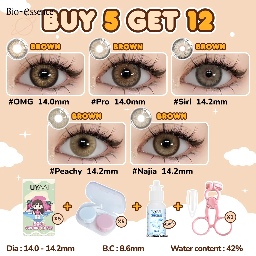 【Achetez-en 5, obtenez-en 12】 5 paires de lentilles de contact colorées avec solution de 60 ml pour pinces à lentilles, ensemble de lentilles multicolores annuelles