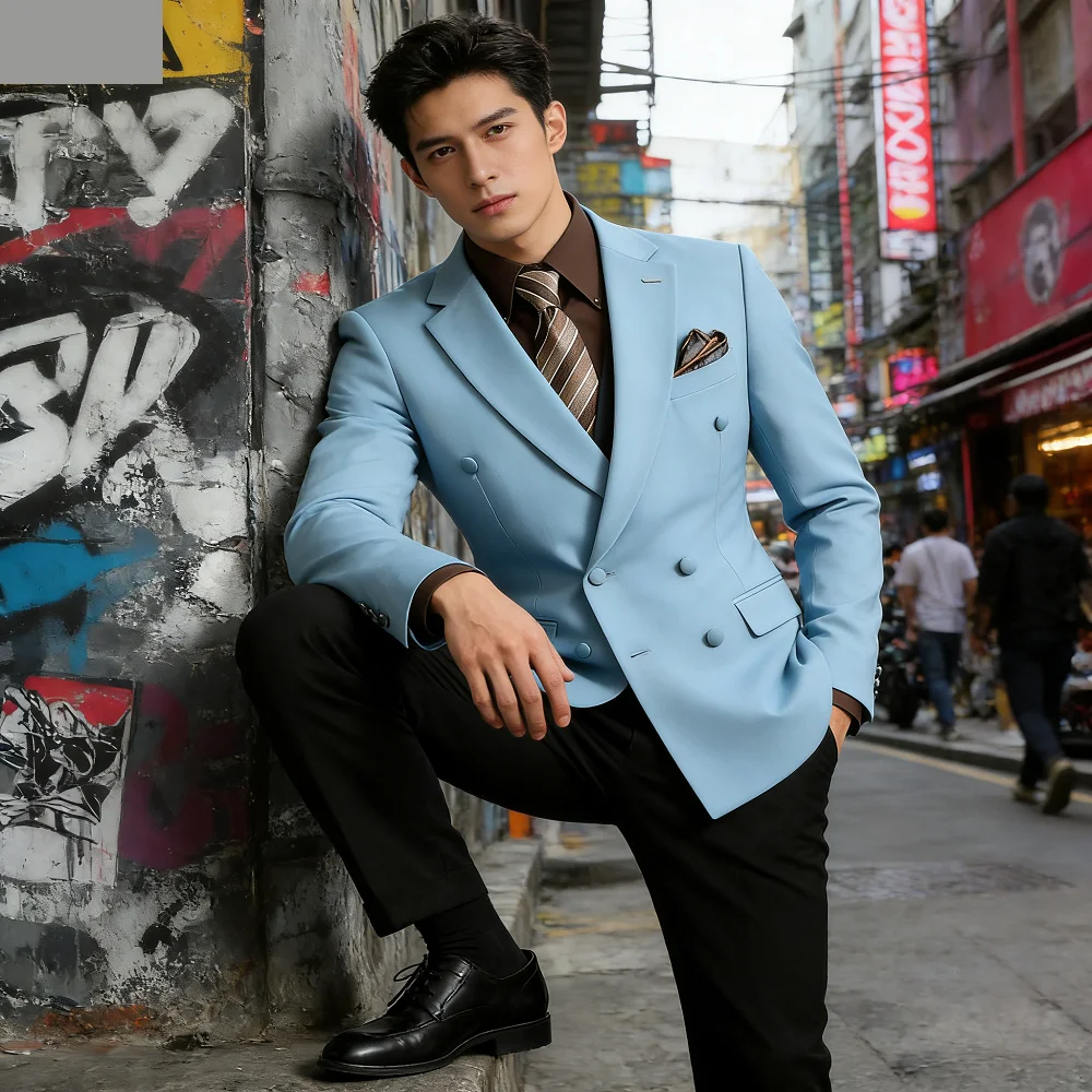 

Premium Double-Breasted Suit Set for Men Groom's Wedding Attire Business Casual Formal Wear Workwear Jacket Slim-Fit Blazer