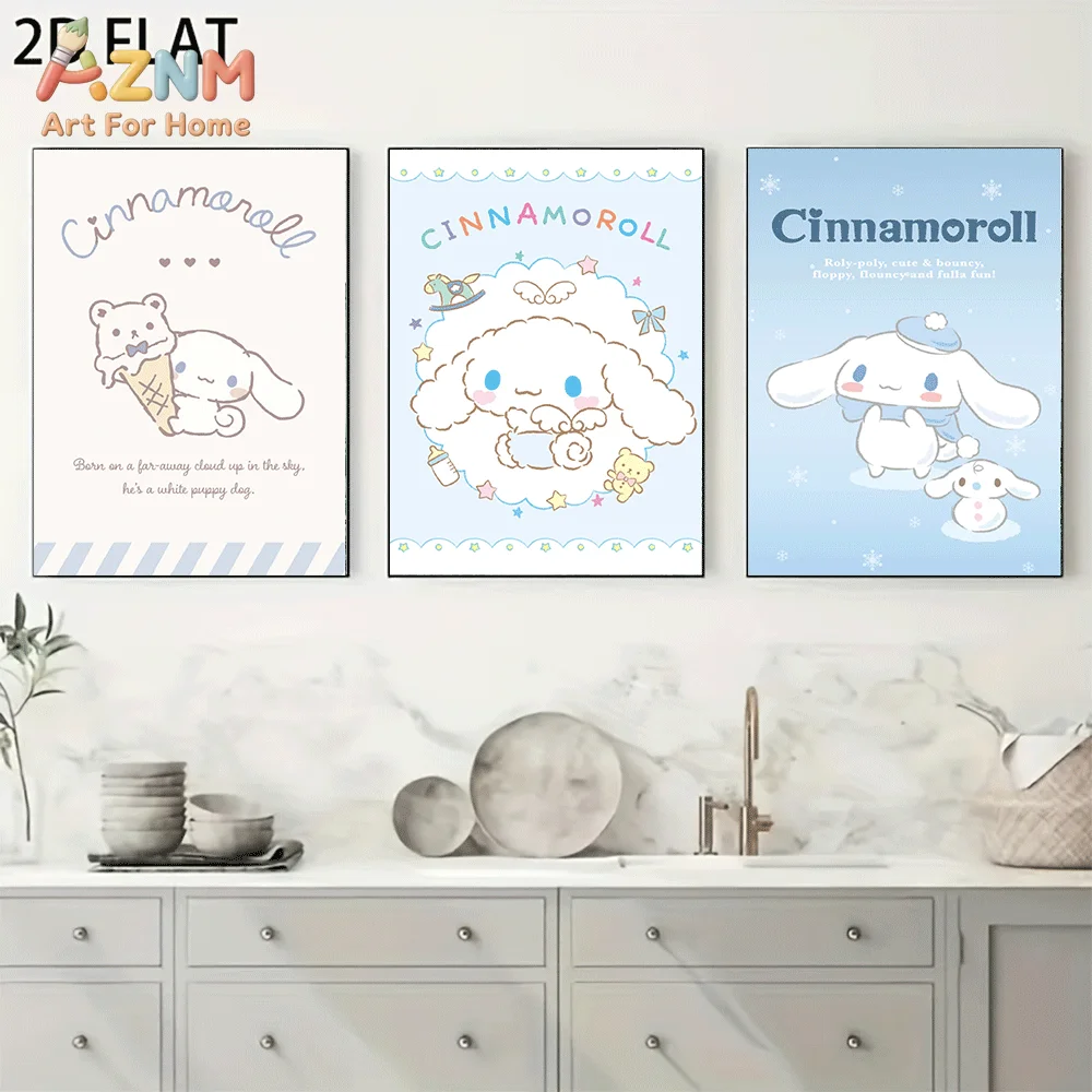 AZNM Cinnamoroll Canvas Wall Art Unframed Cute Cartoon Print Poster Ice Cream Bear Snowflake Star Bow Winter Sweet Puppy Design