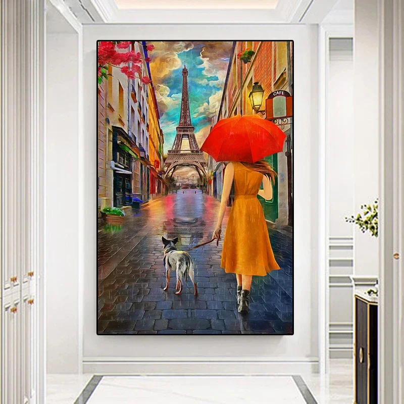 Classical Canvas Painting Print Woman Holding Umbrella Poster Landscape Wall Art Picture for Living Room Home Decoration