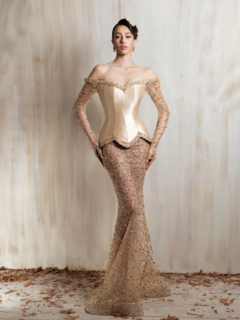 Golden Beaded Corset Evening Dress Gorgeous Off Shoulder Mermaid Long Wedding Party Gown Customized Fashion Red Carpet Gowns